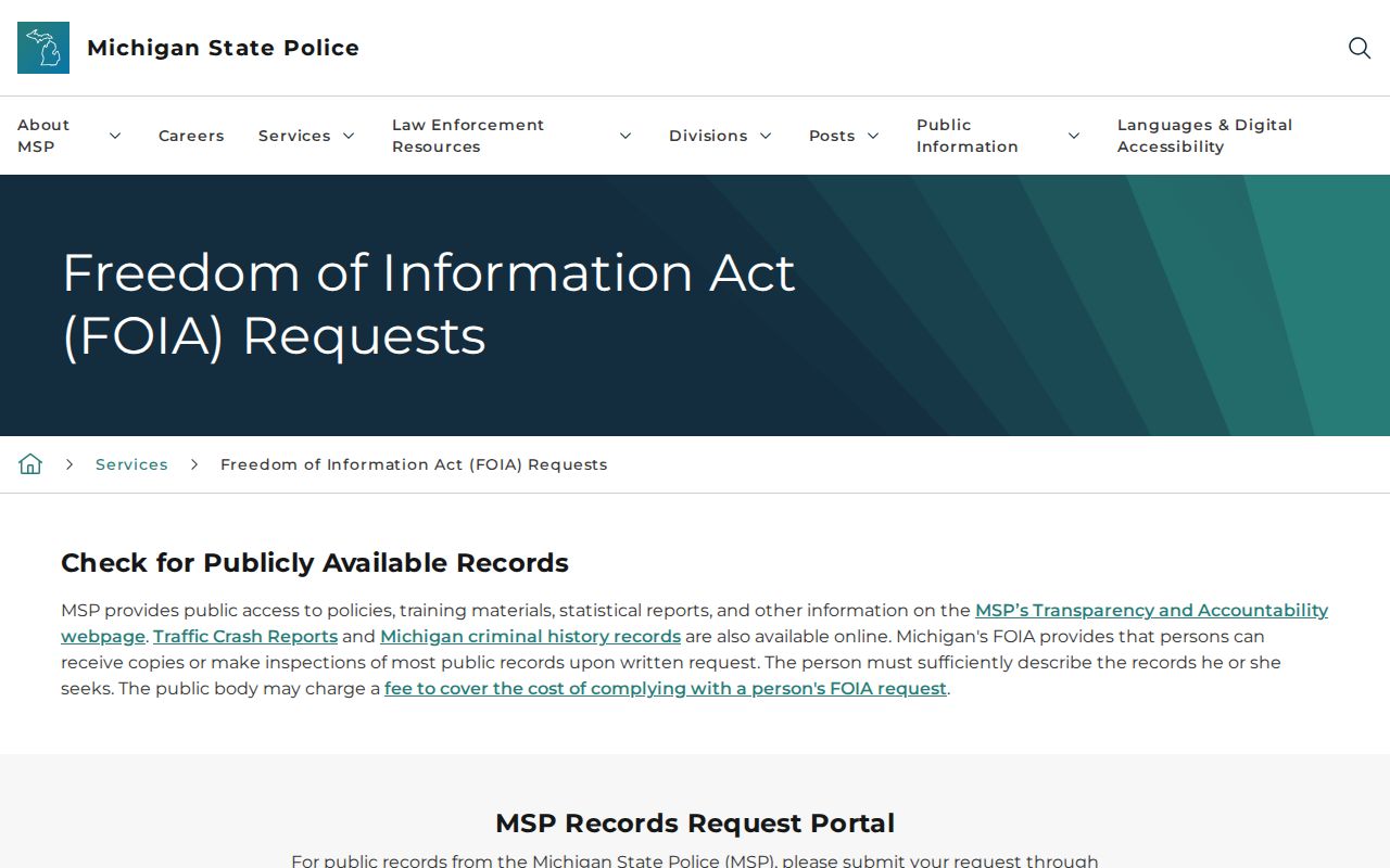 Branch County arrest history access through Michigan State Police FOIA
