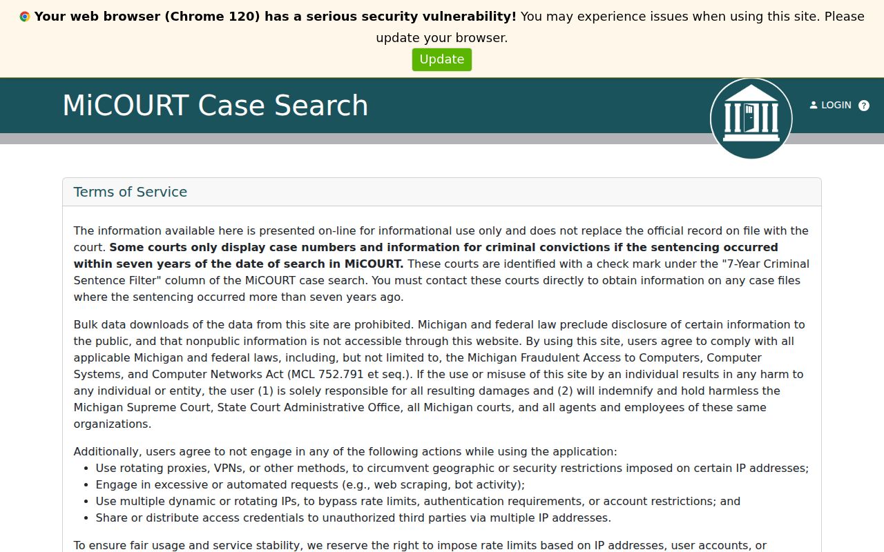Branch County criminal court case search on MiCOURT C15