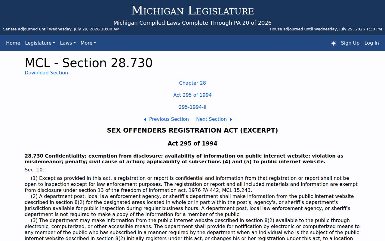 Michigan public registry statute for Branch County sex offender records