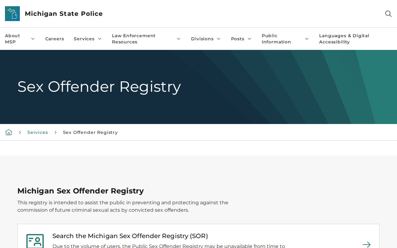 Michigan State Police guidance for a Branch County sex offender registry search