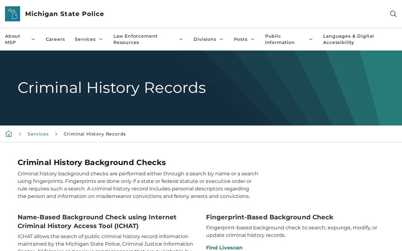 Michigan State Police criminal history options for Branch County records